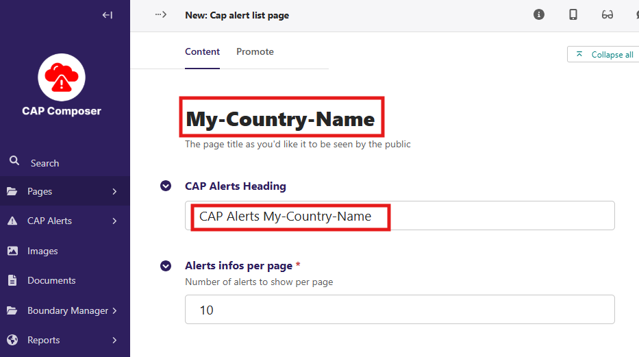 WMO CAP Composer CAP Alert Page Settings